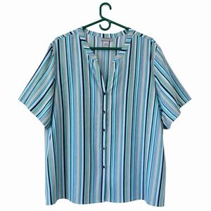 Catherines Plus Size 3X Button Front Striped Shirt Top Green Blue Grandmacore